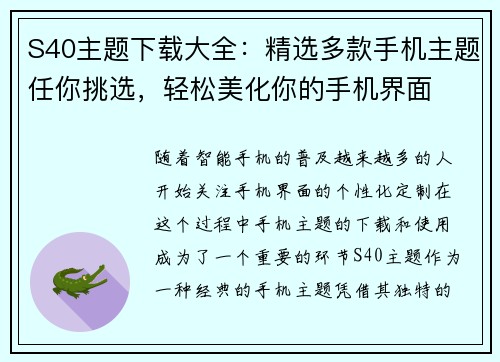S40主题下载大全：精选多款手机主题任你挑选，轻松美化你的手机界面